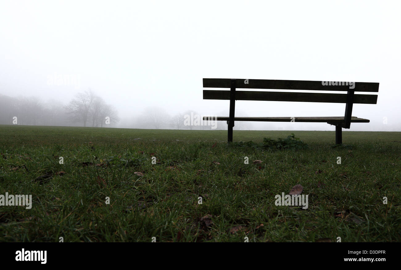 Un vuoto di una panchina nel parco in una nebbiosa mattina di inverno Foto Stock