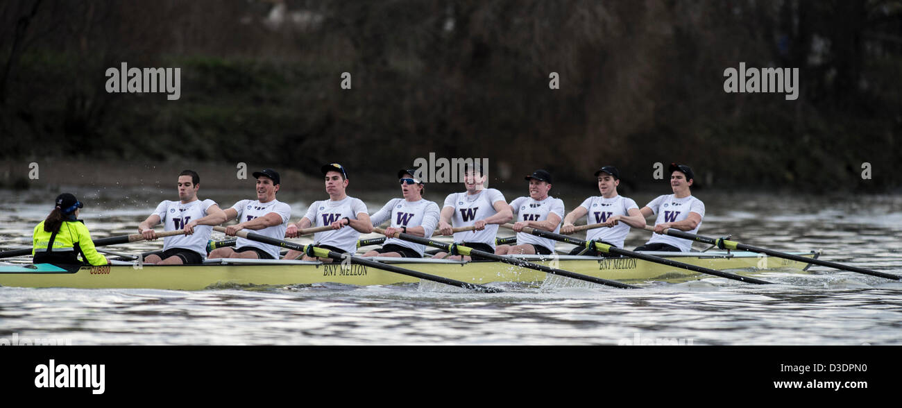 Londra, UK, 16 febbraio 2013. Cambridge University Boat Club vs Washington University Boat Race. Cambridge Blue equipaggio:- B: Milano Bruncvik, 2: Concedere Wilson, 3: Ty Otto, 4: Steve Dudek, 5: Alexander Scharp, 6: Niles Garratt, 7: George Nash, S: Alexander Fleming, C: Henry Fieldman. Università di Washington equipaggio:- B: Julian Svoboda, 2: Alexander Perkins, 3: Sam Dommer, 4: Marcus Bowyer, 5: Alex bunker, 6: Colin McCabe, 7: Henry Meeke, S: Dusan Milovanovic, C: Lisa Caldwell. Foto Stock