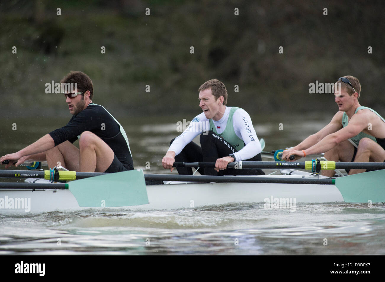 Londra, UK, 16 febbraio 2013. Cambridge University Boat Club vs Washington University Boat Race. Cambridge Blue equipaggio:- B: Milano Bruncvik, 2: Concedere Wilson, 3: Ty Otto, 4: Steve Dudek, 5: Alexander Scharp, 6: Niles Garratt, 7: George Nash, S: Alexander Fleming, C: Henry Fieldman. Università di Washington equipaggio:- B: Julian Svoboda, 2: Alexander Perkins, 3: Sam Dommer, 4: Marcus Bowyer, 5: Alex bunker, 6: Colin McCabe, 7: Henry Meeke, S: Dusan Milovanovic, C: Lisa Caldwell. Foto Stock