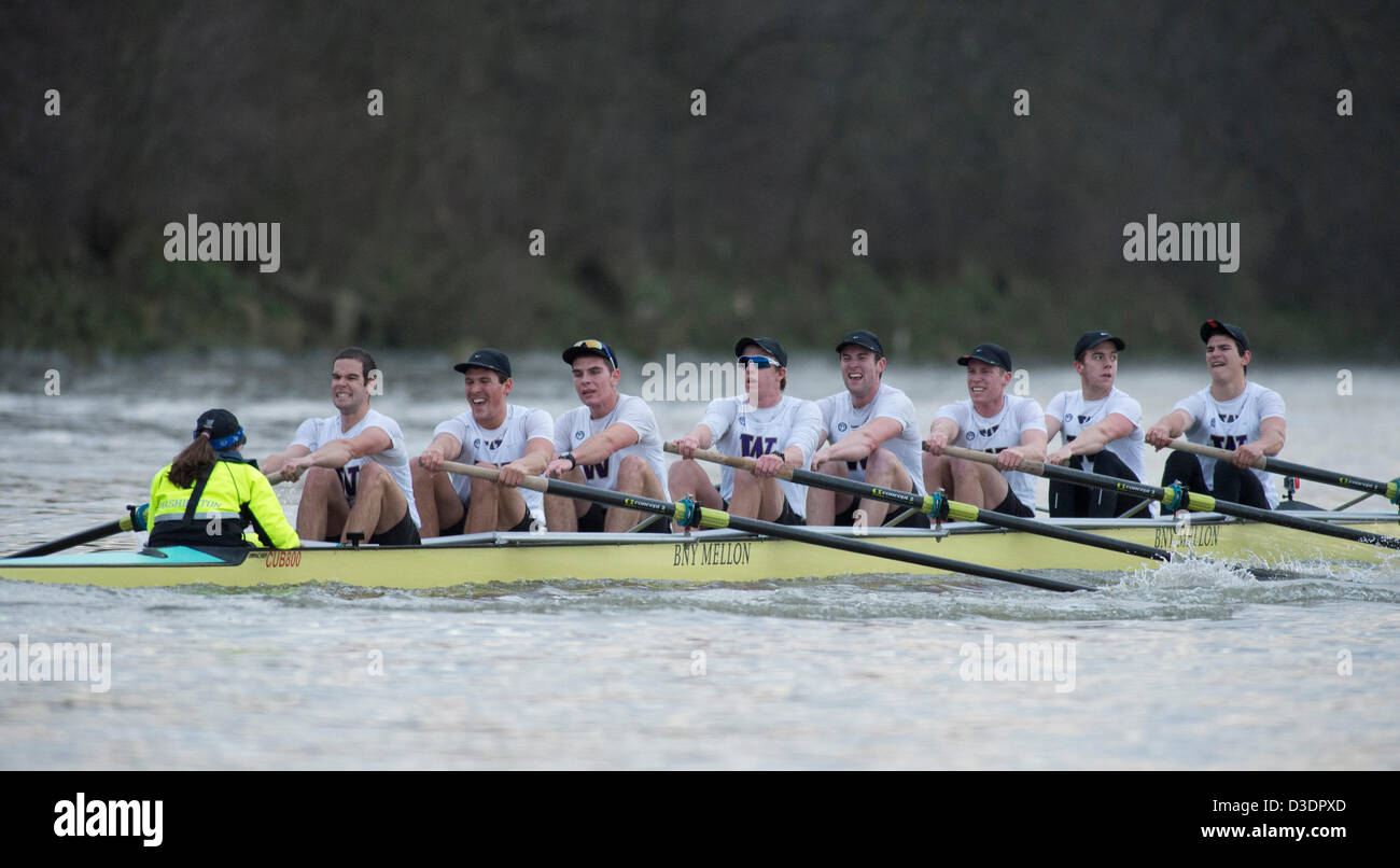 Londra, UK, 16 febbraio 2013. Cambridge University Boat Club vs Washington University Boat Race. Cambridge Blue equipaggio:- B: Milano Bruncvik, 2: Concedere Wilson, 3: Ty Otto, 4: Steve Dudek, 5: Alexander Scharp, 6: Niles Garratt, 7: George Nash, S: Alexander Fleming, C: Henry Fieldman. Università di Washington equipaggio:- B: Julian Svoboda, 2: Alexander Perkins, 3: Sam Dommer, 4: Marcus Bowyer, 5: Alex bunker, 6: Colin McCabe, 7: Henry Meeke, S: Dusan Milovanovic, C: Lisa Caldwell. Foto Stock