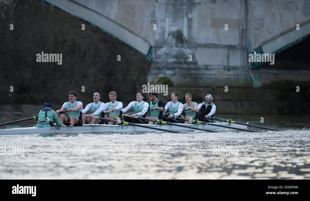 Londra, UK, 16 febbraio 2013. Cambridge University Boat Club vs Washington University Boat Race. Cambridge Blue equipaggio:- B: Milano Bruncvik, 2: Concedere Wilson, 3: Ty Otto, 4: Steve Dudek, 5: Alexander Scharp, 6: Niles Garratt, 7: George Nash, S: Alexander Fleming, C: Henry Fieldman. Università di Washington equipaggio:- B: Julian Svoboda, 2: Alexander Perkins, 3: Sam Dommer, 4: Marcus Bowyer, 5: Alex bunker, 6: Colin McCabe, 7: Henry Meeke, S: Dusan Milovanovic, C: Lisa Caldwell. Foto Stock