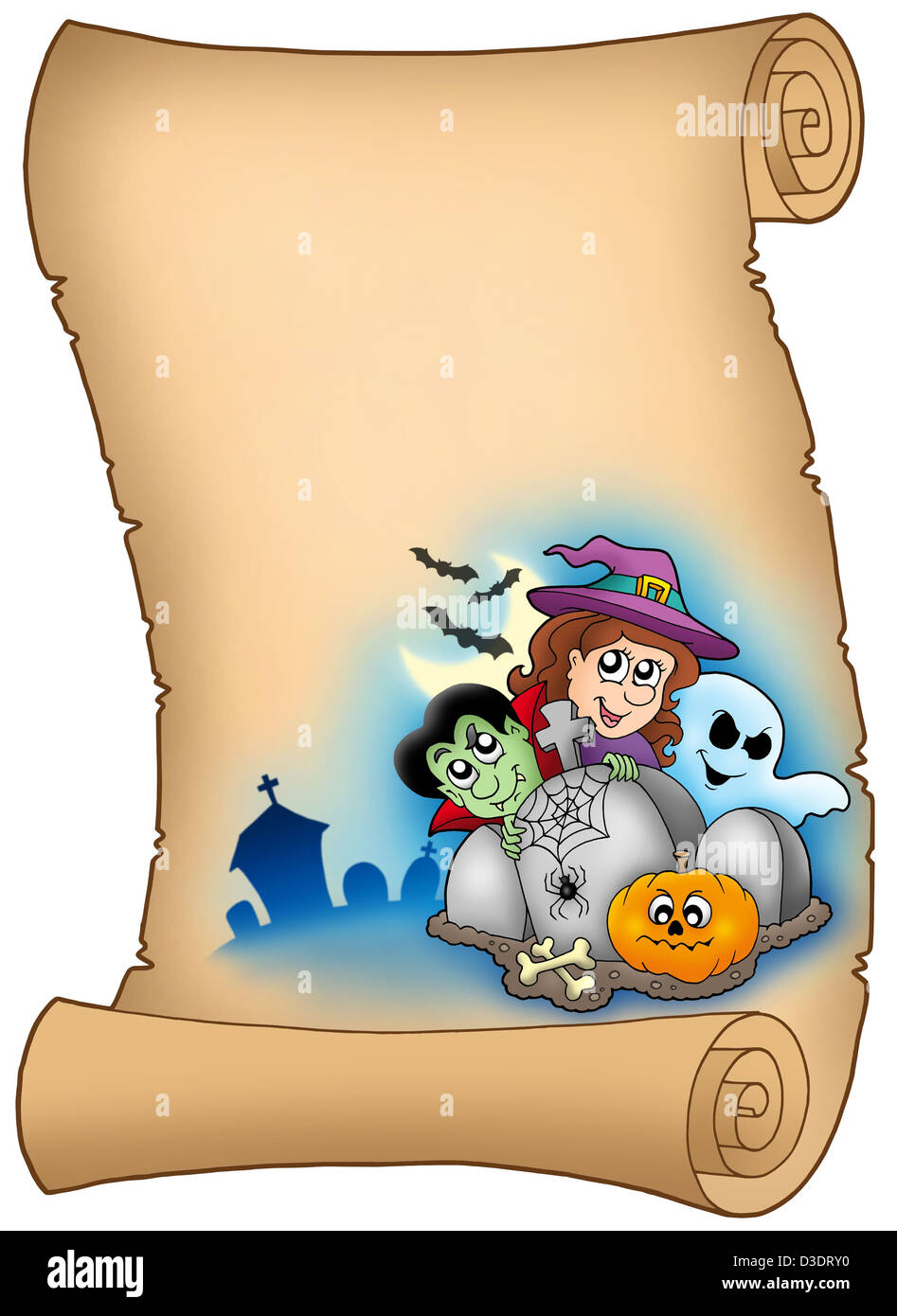 Pergamena con caratteri di Halloween - Illustrazione a colori. Foto Stock