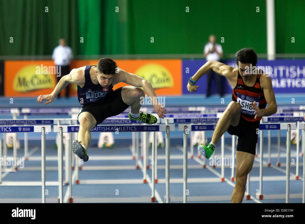Lama ASHBY, Matteo campo, 60m ostacoli uomini riscaldare 2, 2013 British atletica prove europea (EIS) Sheffield, Regno Unito Foto Stock
