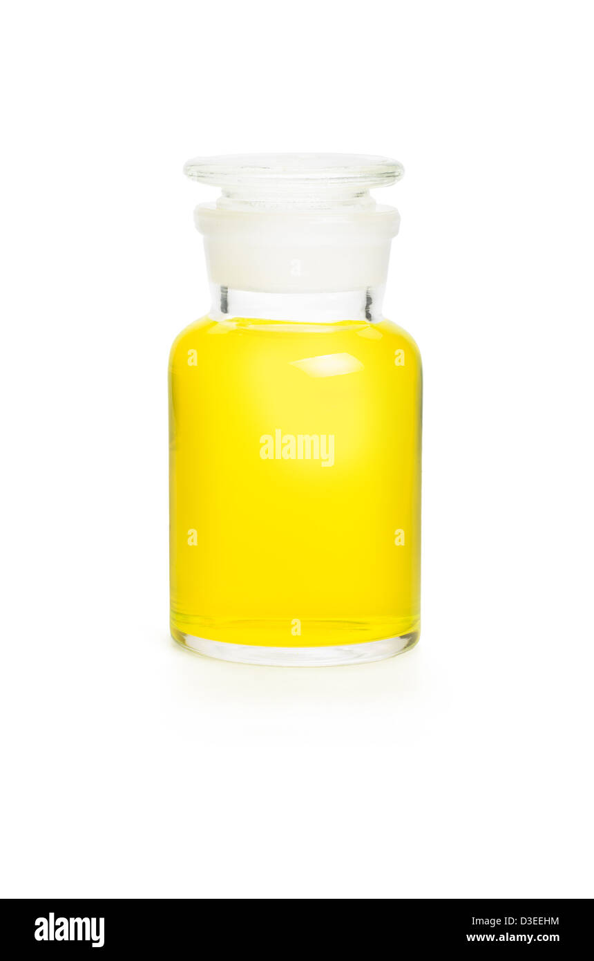 Bottiglia di laboratorio riempito con liquido giallo Foto Stock