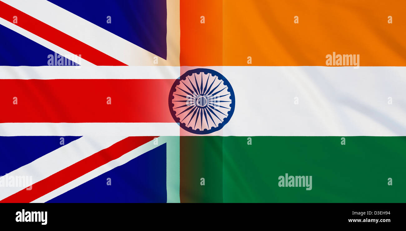 Union Jack flag e bandiera indiana fondendo insieme. Illustrazione Foto Stock