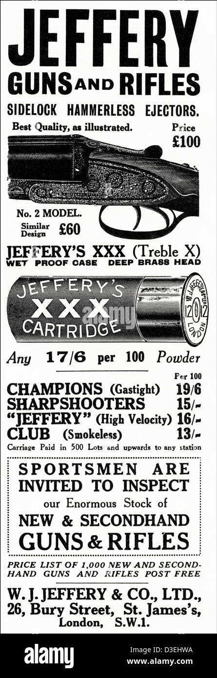 Originale di 1920s vintage stampa pubblicitaria da English Country Gentleman's pubblicità sui giornali shot guns fucili e delle cartucce da Jeffrey di St James's London Foto Stock