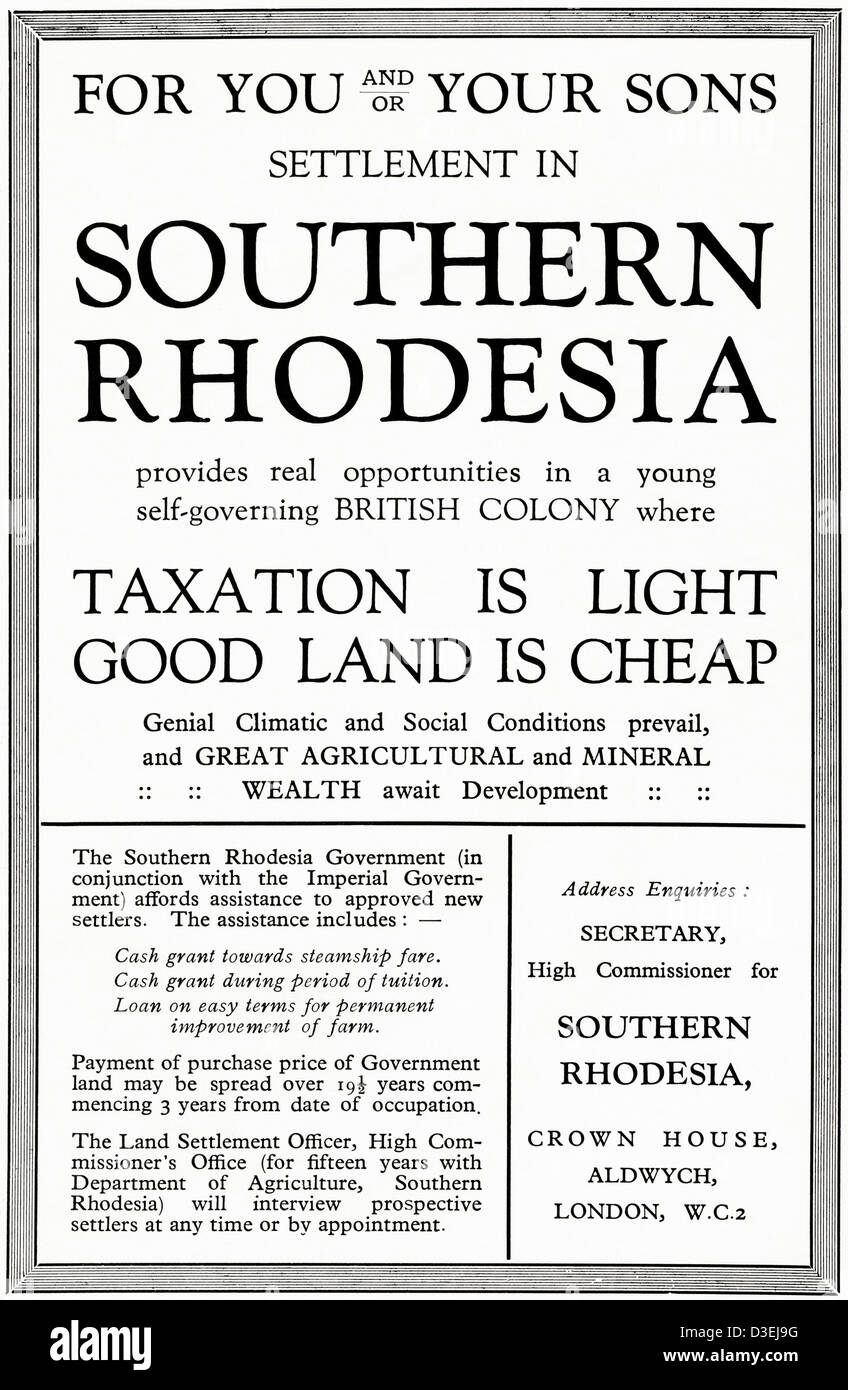 Originale di 1920s vintage stampa pubblicitaria da English Country Gentleman's pubblicità sui giornali insediamento nella colonia britannica della Rhodesia meridionale Foto Stock