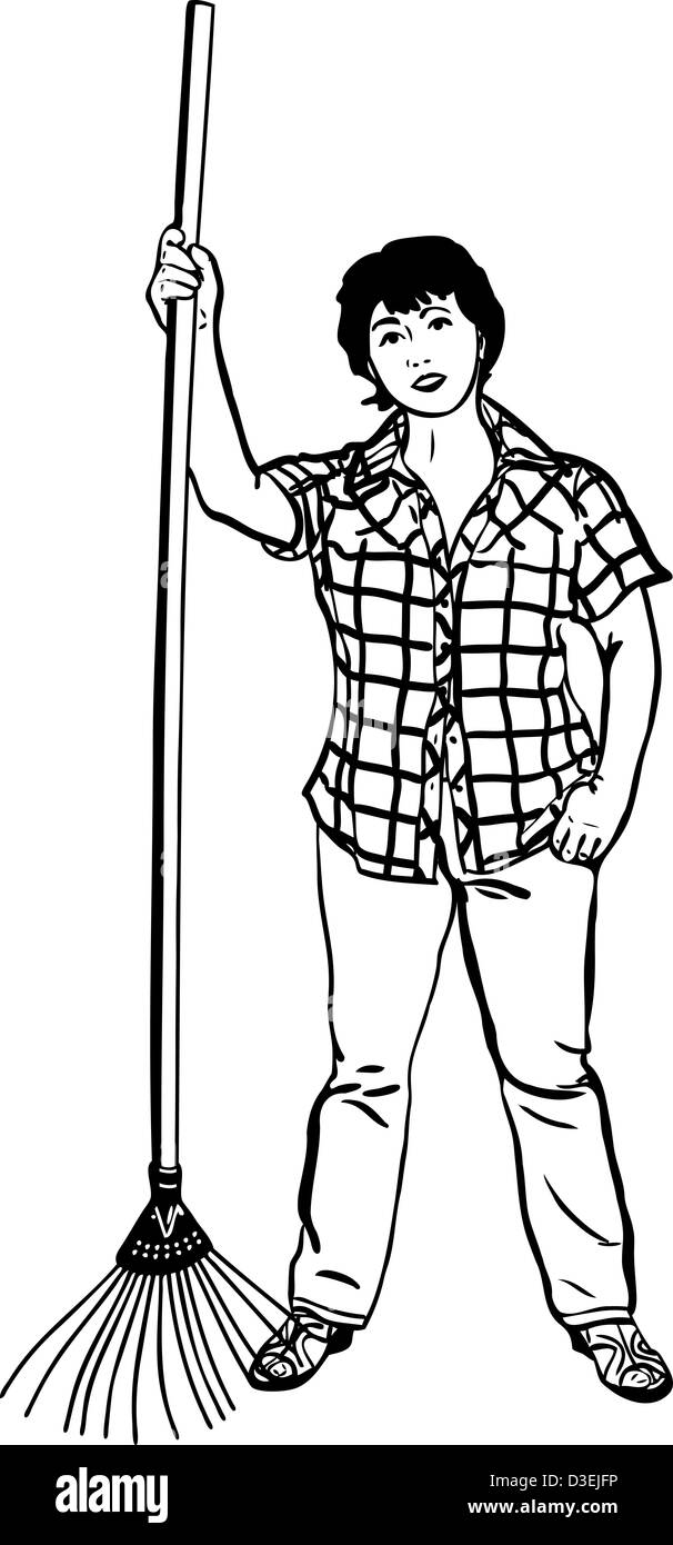 Schizzo di donna di agricoltore con rastrelli in mani Foto Stock