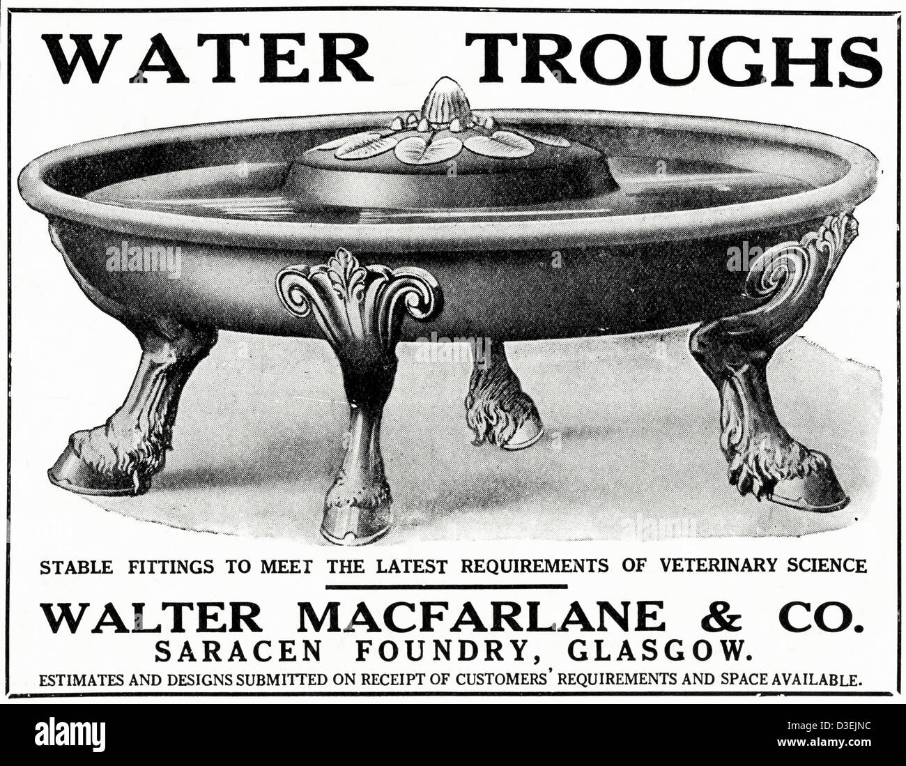 Originale di 1920s vintage stampa pubblicitaria da English Country Gentleman's pubblicità sui giornali stabile di acqua trogoli di Walter Macfarlane & Co di fonderia saracena Glasgow Foto Stock
