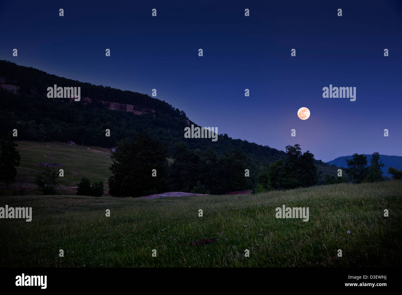 Una prateria aperta campo come la luna piena sorge nel cielo. Foto Stock