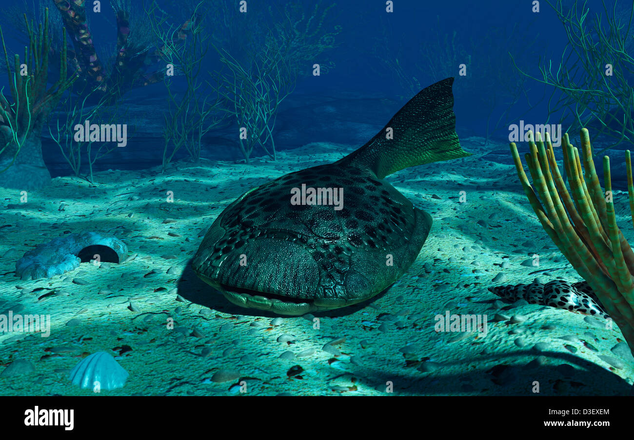 Un Drepanaspis sul fondo di un poco profondo mare Devoniano. Foto Stock