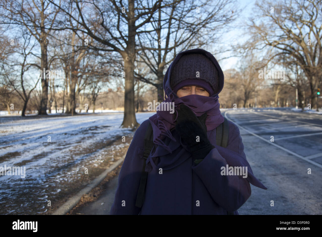 La donna si copre la faccia in una fredda giornata invernale nel Prospect Park di Brooklyn, New York. Signor Foto Stock