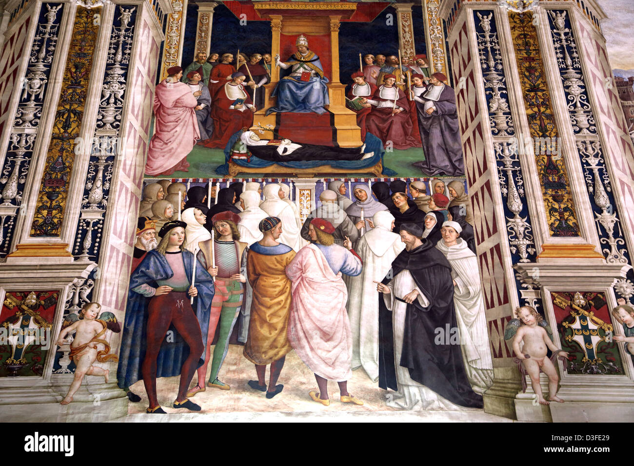 La canonizzazione di santa Caterina da Siena da Papa Pio II. Affresco da Pintoricchio nel duomo di Siena Italia. Foto Stock