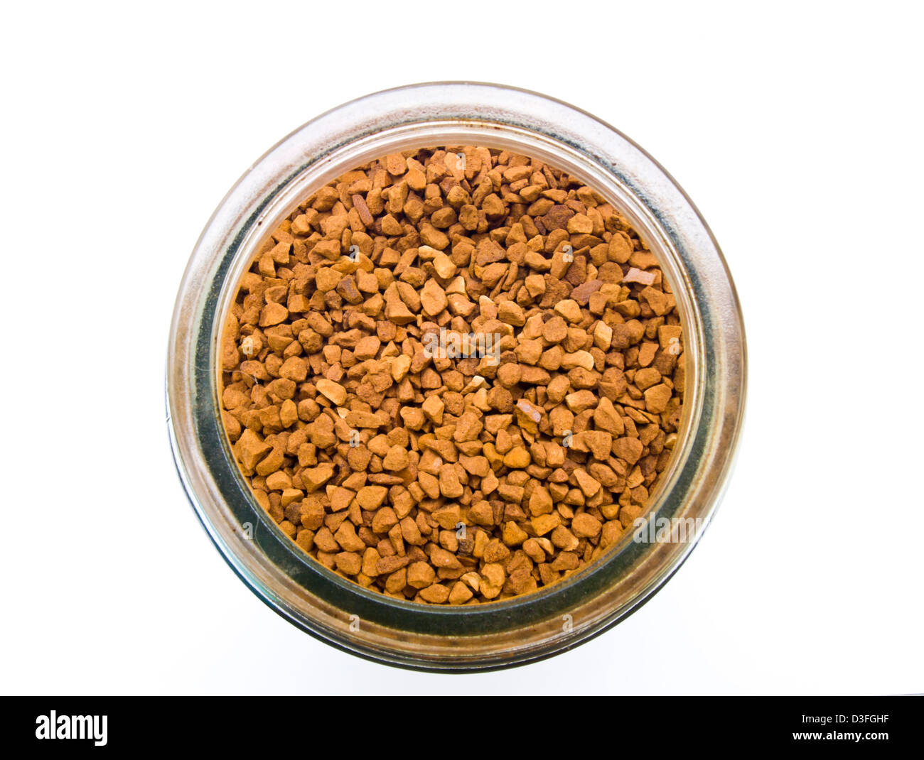Il caffè istantaneo in una bottiglia di vetro vista dall'alto isolato su sfondo bianco Foto Stock