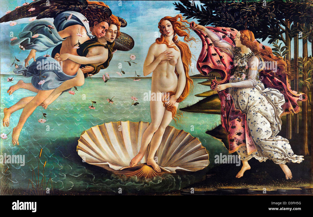 Sandro Botticelli, La Nascita di Venere 1485 Tempera su tela. Galleria degli Uffizi, Firenze Foto Stock