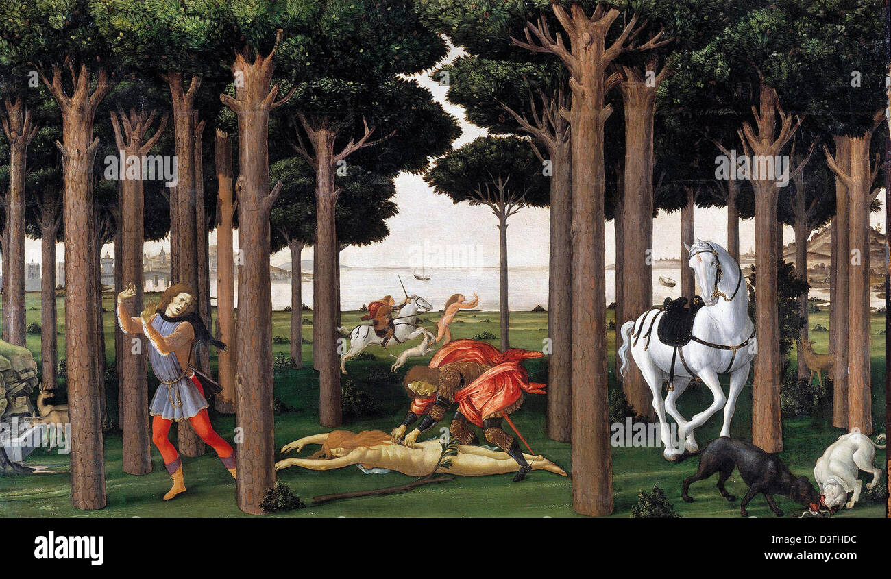 Sandro Botticelli, la storia di Nastagio degli Onesti II Tempera su pannello. Museo del Prado a Madrid Foto Stock
