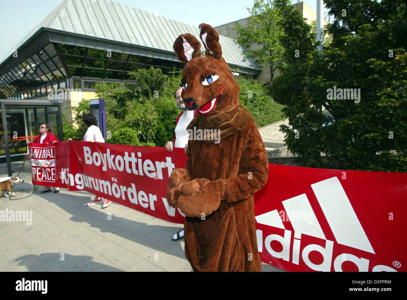 (Dpa) - i diritti degli animali gruppo "animale" pace proteste in occasione dell assemblea generale annuale di articoli sportivi fabbricante l'Adidas-Salomon davanti al municipio di Fuerth, Germania, 8 maggio 2003. Il banner si legge "Boykottiert Kaengurumoerder von Adidas' (boicottaggio kangaroo assassini da adidas), criticando la massa kangaroo uccisione causata da Adidas, perché la società utilizza pelli di canguro Foto Stock