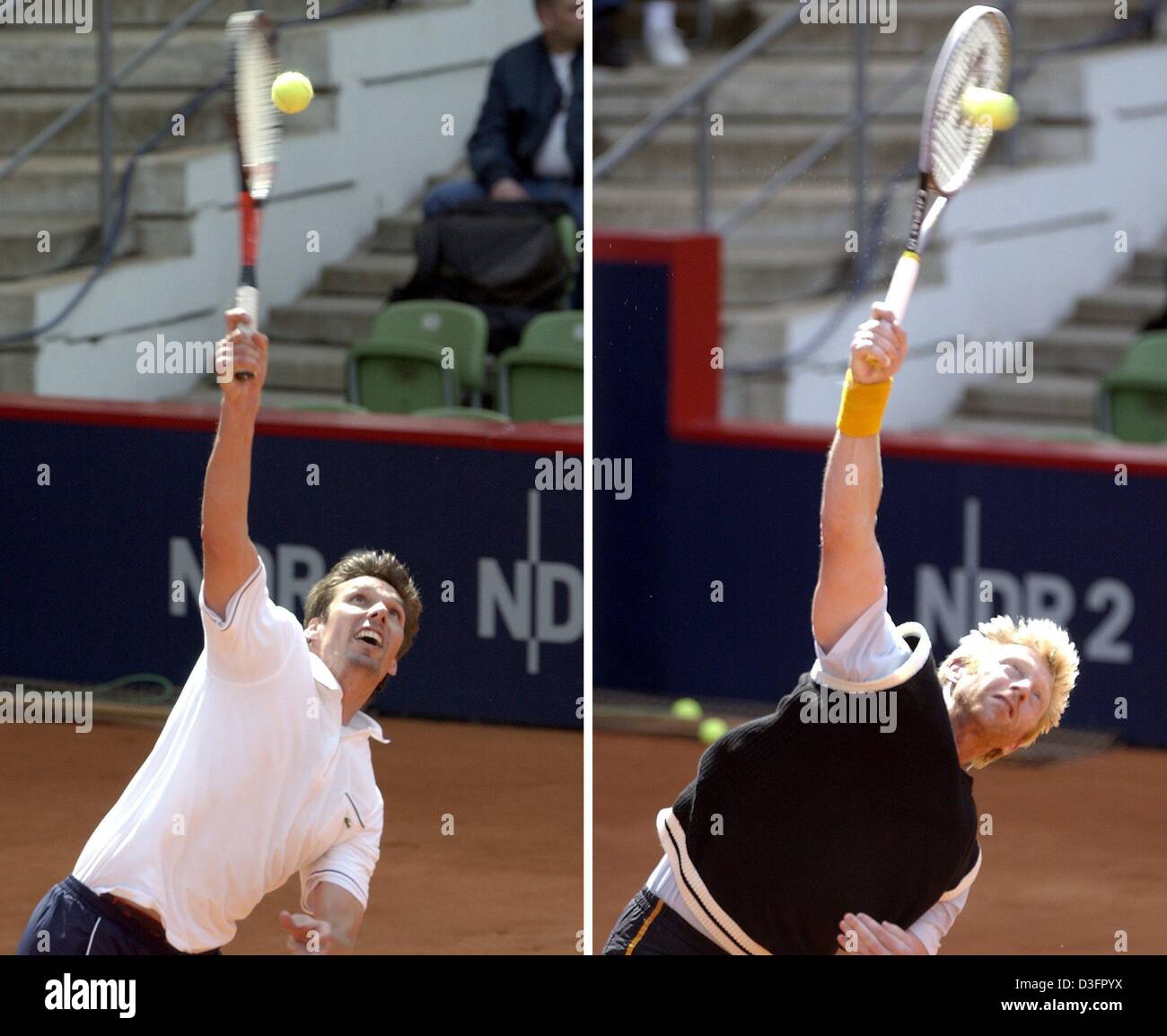 (Dpa) - Una combo mostra la ex tennis tedesco stelle Michael Stich (L) e Boris Becker (R) durante il corso di formazione in Amburgo, 7 maggio 2003. Essi riprodurrà il leggendario Davis Cup match contro gli Stati Uniti d'America 16 anni fa il 8 e 9 maggio. Foto Stock