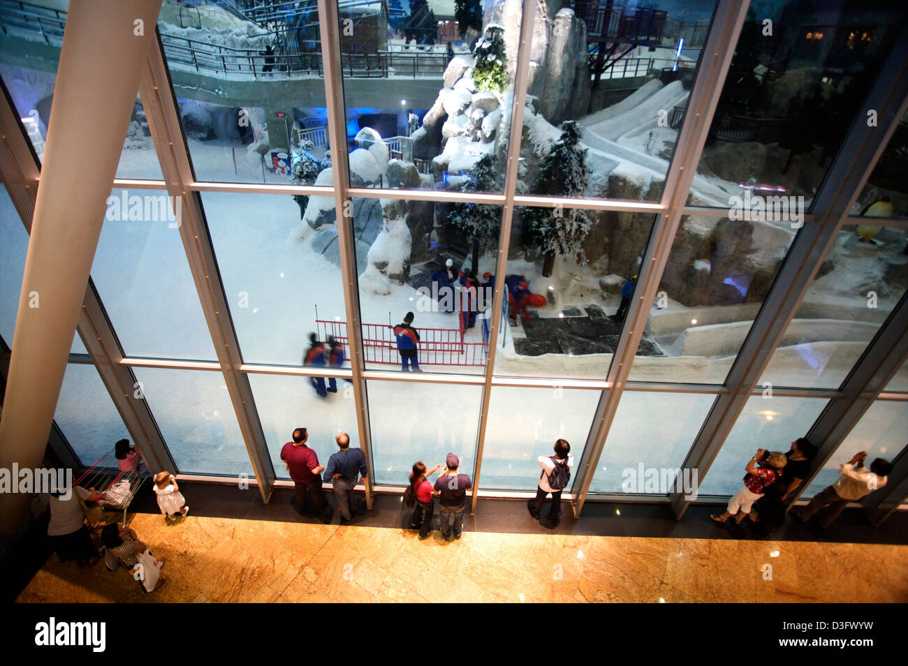 Curiosi guardando in Ski Dubai facility in Mall of Emirates, il mondo il primo centro commerciale con sede a Dubai. Foto Stock