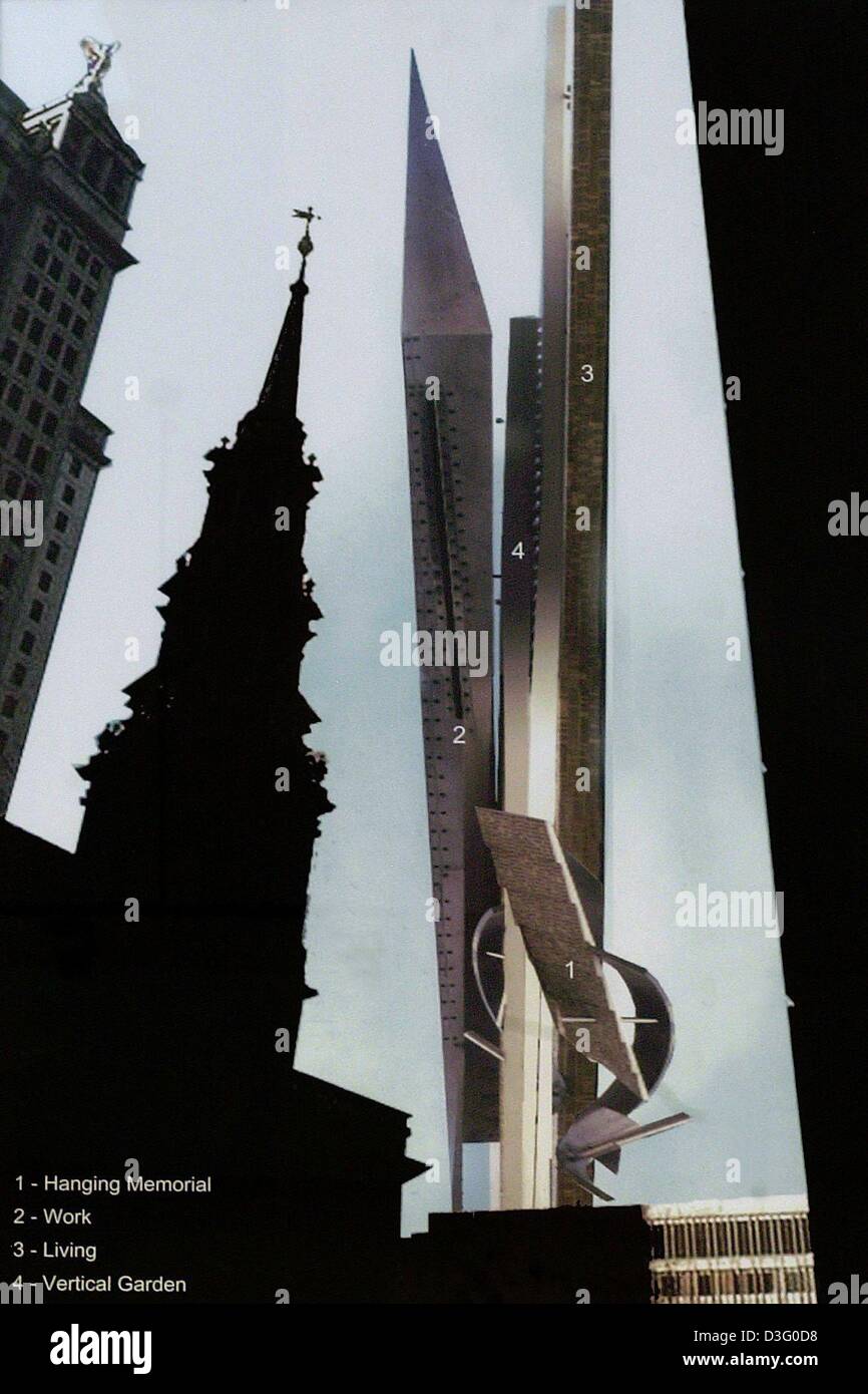 (Dpa) - Un'animazione di noi architetto Daniel Libeskind mostra la progettazione proposta per un nuovo World Trade Center, fotografata al museo di architettura di Francoforte, il 27 febbraio 2003. Il 27 febbraio 2003 uno di Libeskind di proposte è stata scelta per essere costruito su Ground Zero dove il World Trade Center una volta si fermò. La mostra "Un nuovo World Trade Center - Disegni proposte', che w Foto Stock
