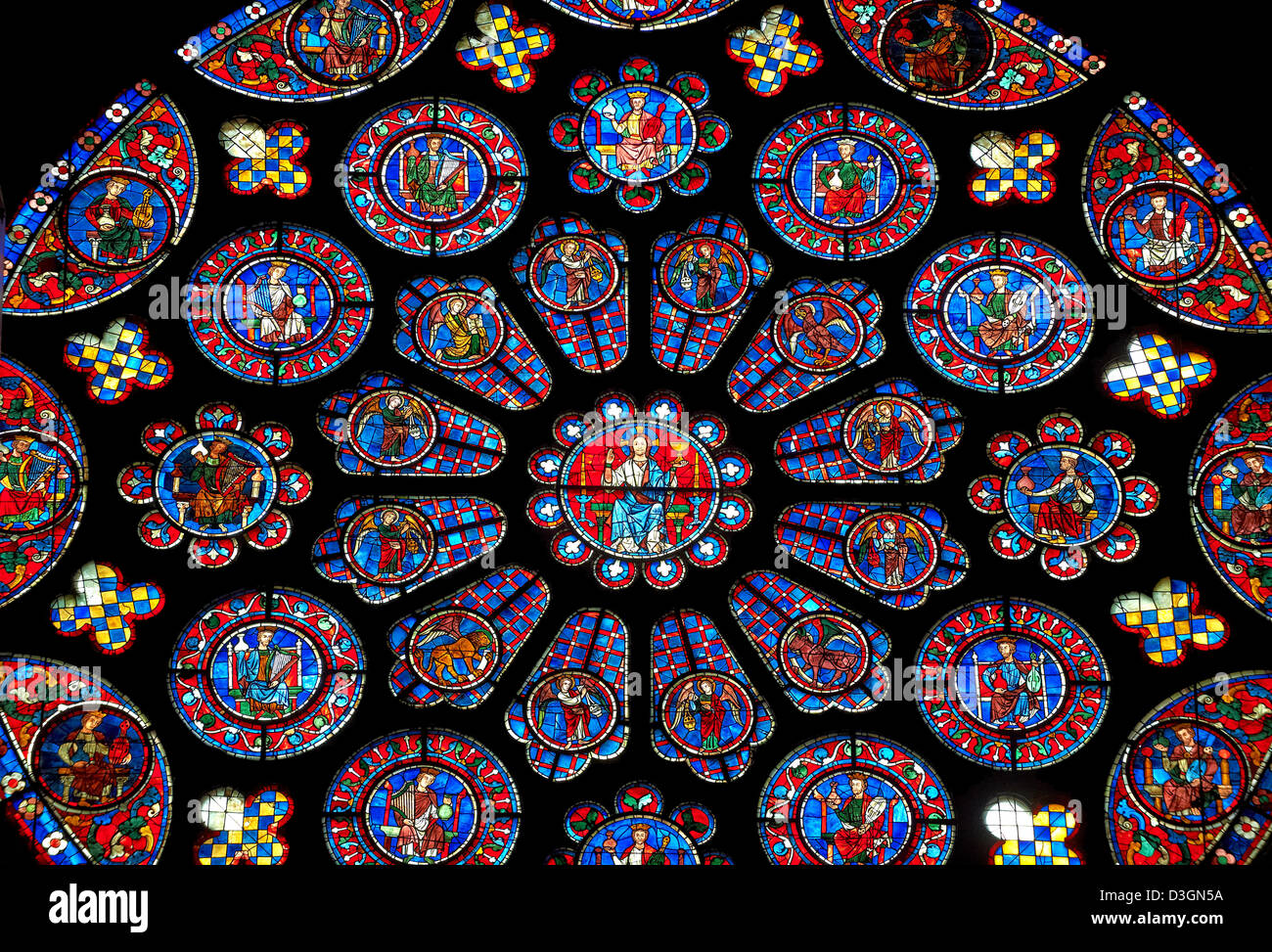 Medieval Rosone del transetto sud della cattedrale gotica di Chartres, Francia- Circa 1225-30. Foto Stock