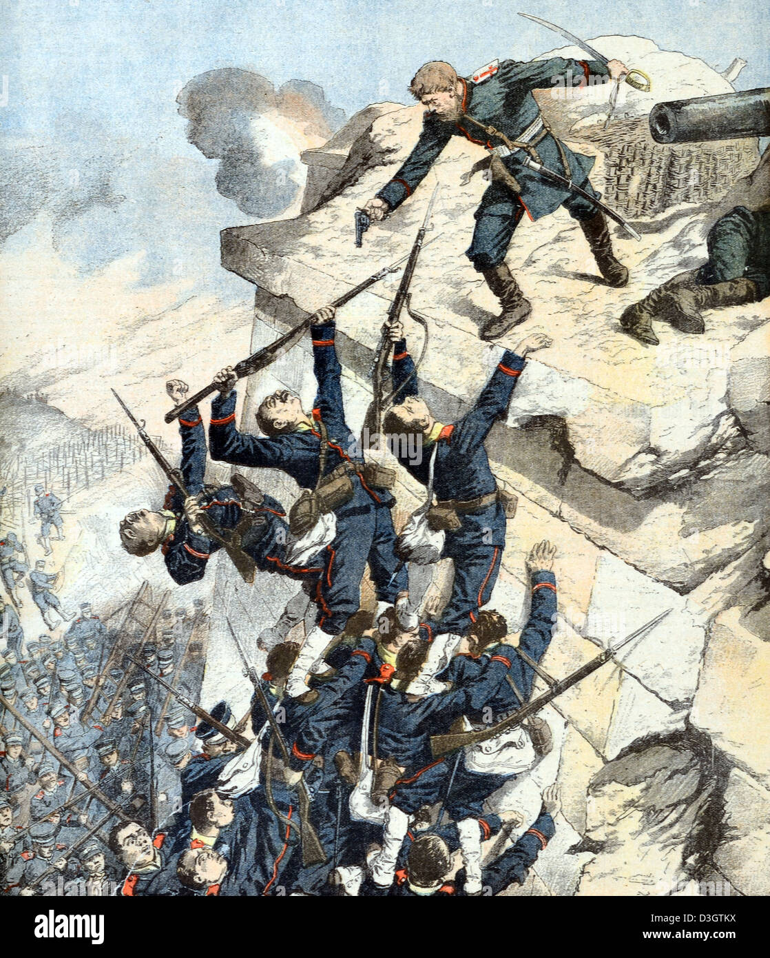 Difesa russa di Port Arthur durante l'assedio o la battaglia di Port Arthur durante la guerra russo-giapponese (1904) Vintage o Old Illustration o Engraving 1904 Foto Stock