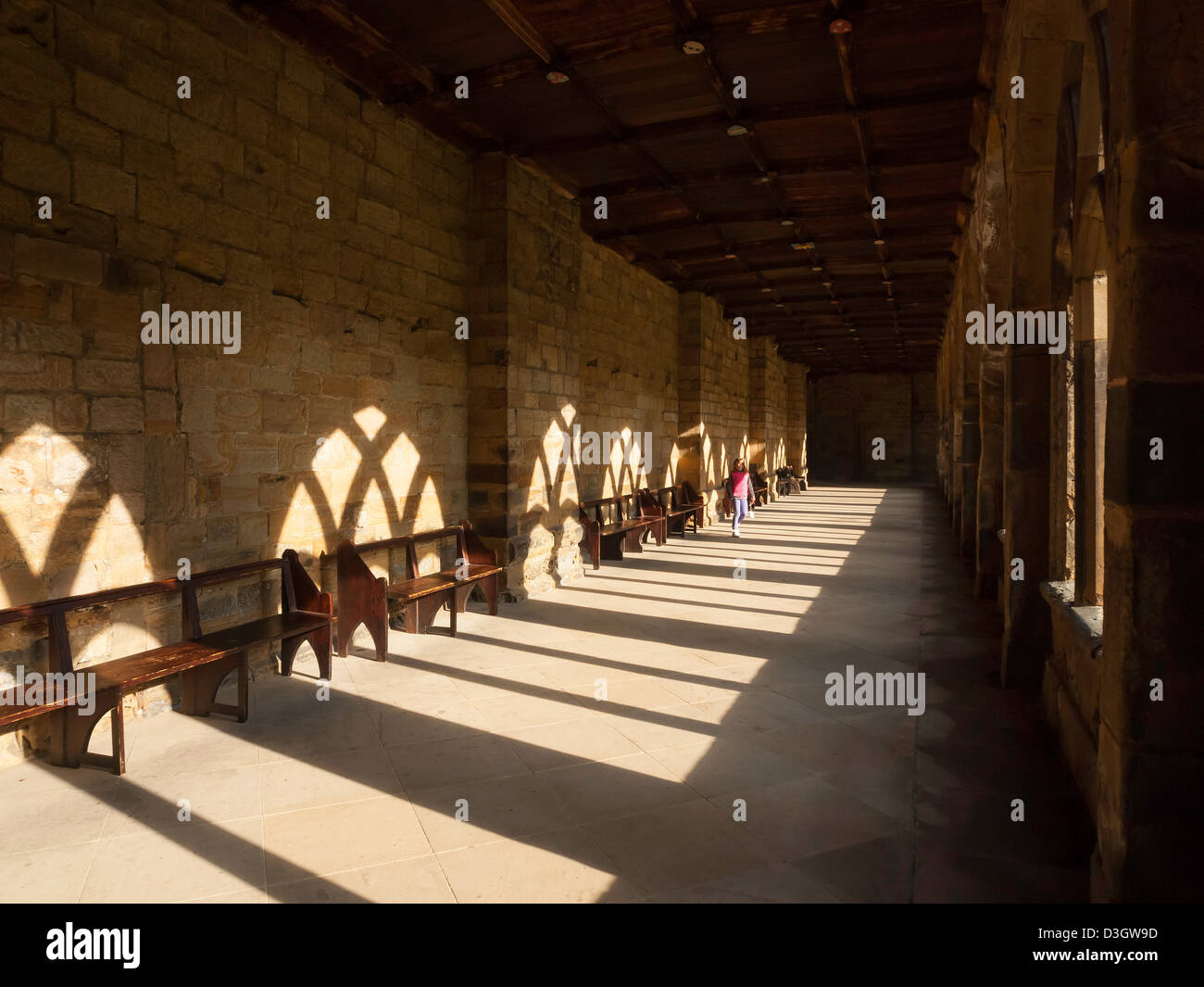 Una ragazza cammina attraverso il sole illuminava i chiostri presso la Cattedrale di Durham Foto Stock