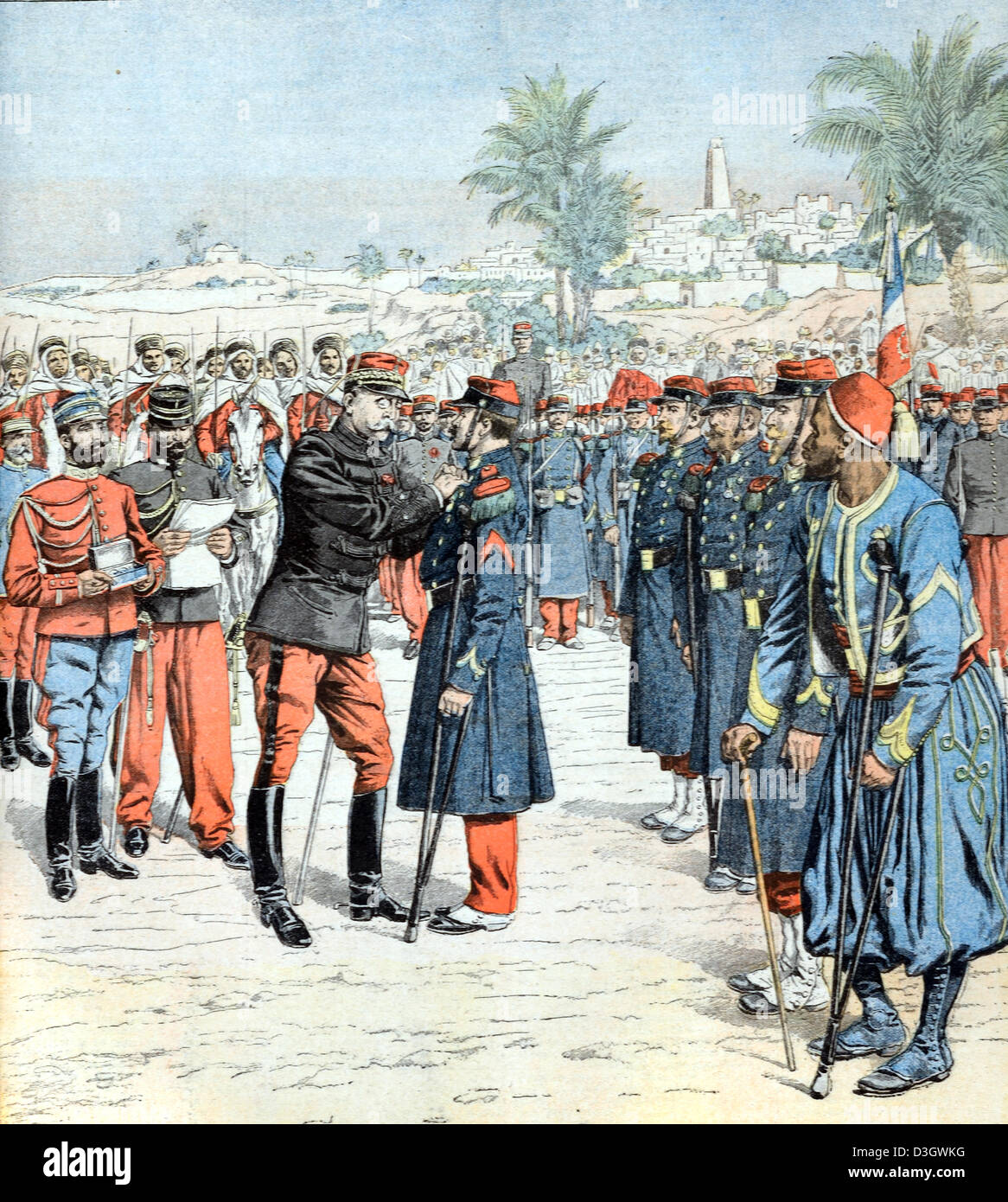 Medaglie di guerra assegnate ai soldati francesi in Algeria (febbraio 1904) Illustrazione vintage o incisione Foto Stock