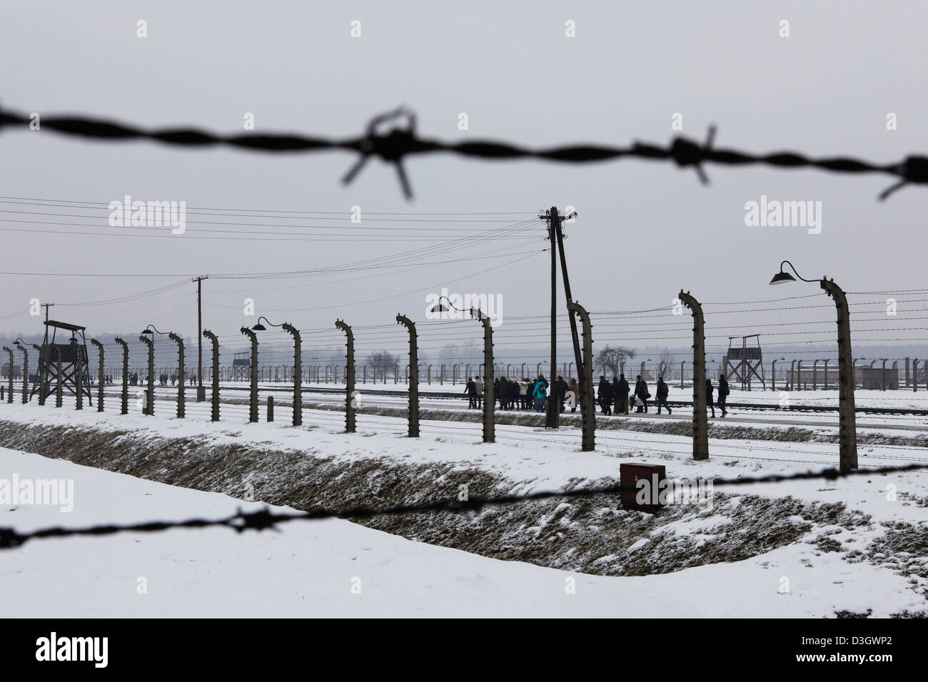 Il filo spinato e recinzioni di Birkenau del campo di concentramento di Auschwitz (II) a Oswiecim in Polonia. Foto Stock