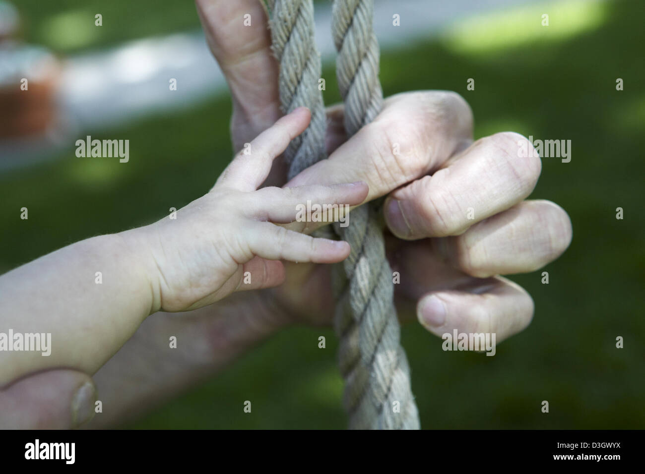 Baby raggiungendo a mano per mano degli adulti di suo nonno Foto Stock