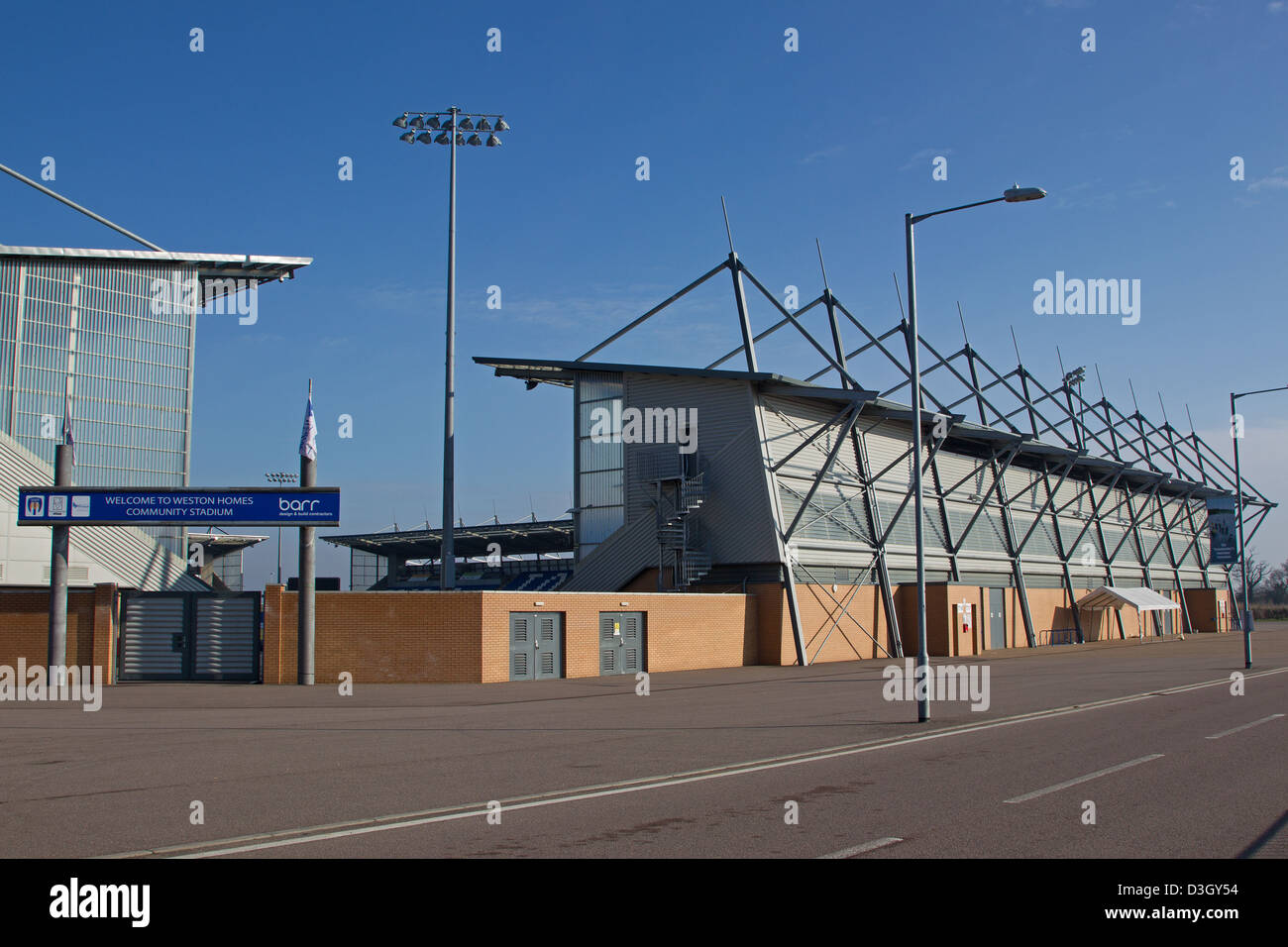 Colchester United football Stadium Conosciuto come il Weston Homes Comunità Stadium. - Solo uso editoriale Foto Stock