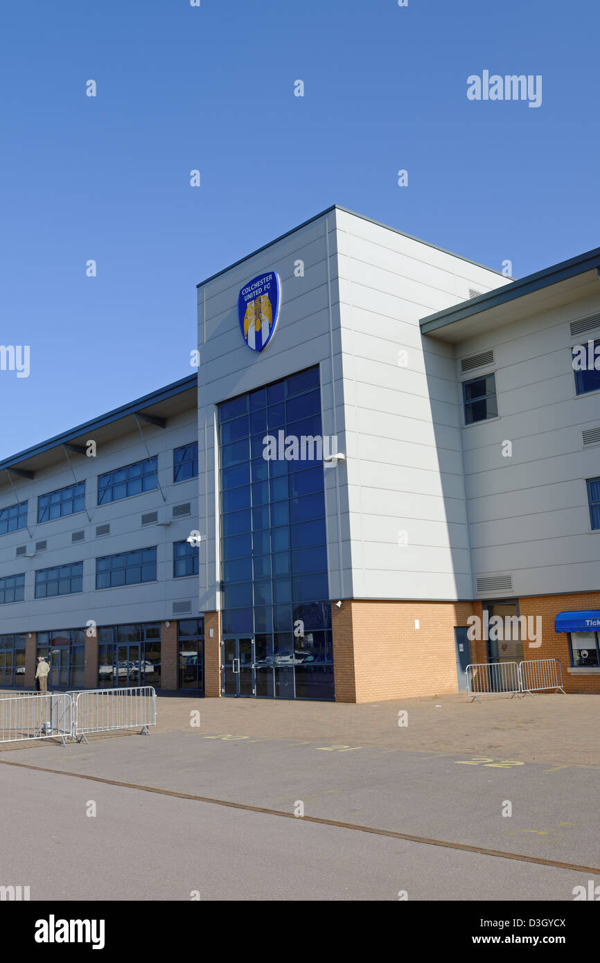 Colchester United football Stadium Conosciuto come il Weston Homes Comunità Stadium. - Solo uso editoriale Foto Stock