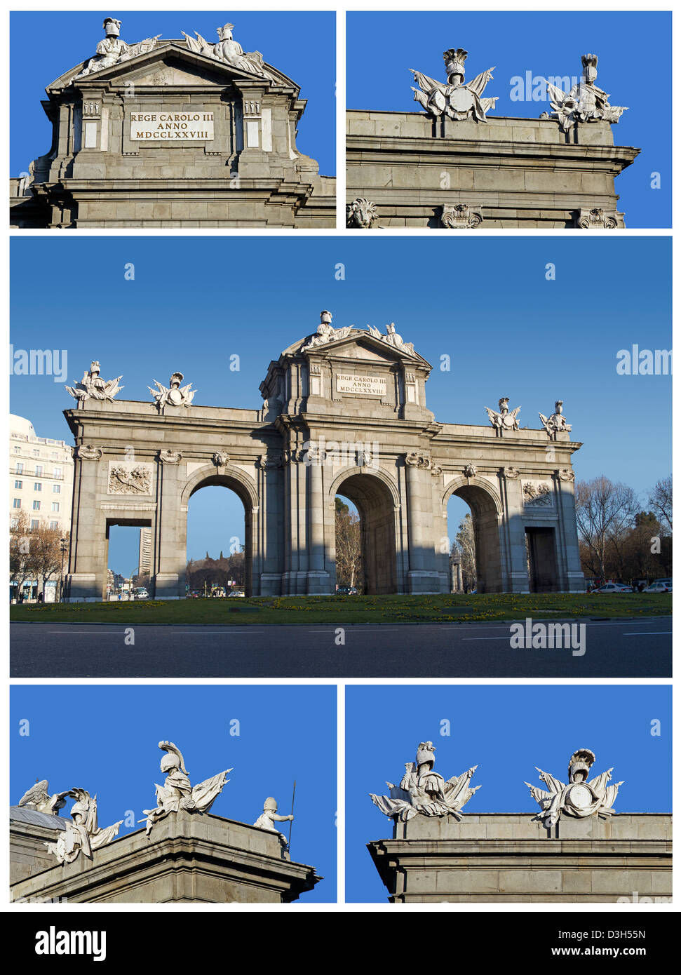 Puerta de Alcala (alla Porta di Alcalá) con i suoi scudi, Madrid, Spagna Foto Stock