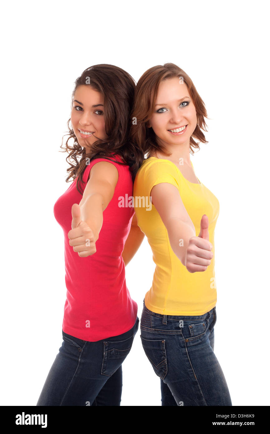 Due amici gesticolando pollice in alto Foto Stock