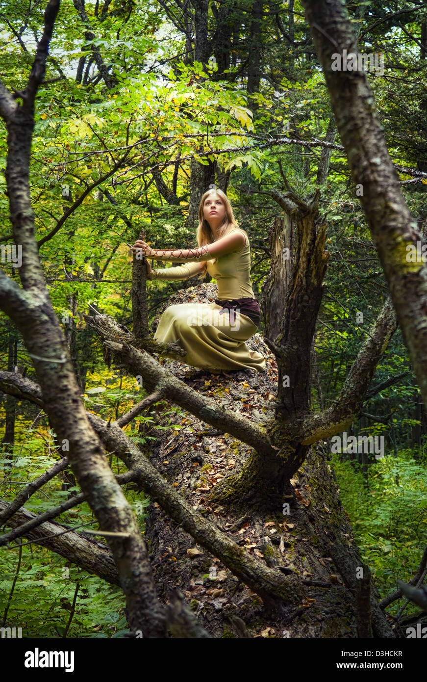 Ragazza bionda in una foresta magica Foto Stock