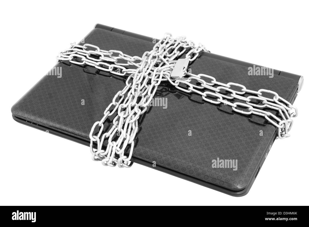 Laptop computer fisicamente bloccate con catene e lucchetti Foto Stock