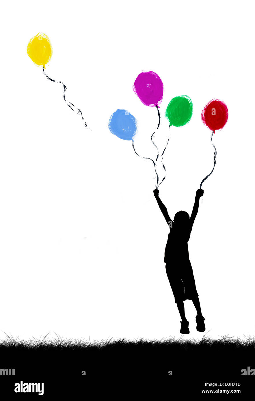 Silhouette di un giovane ragazzo jumping con dipinti di palloncini colorati. Foto montage illustrazione Foto Stock