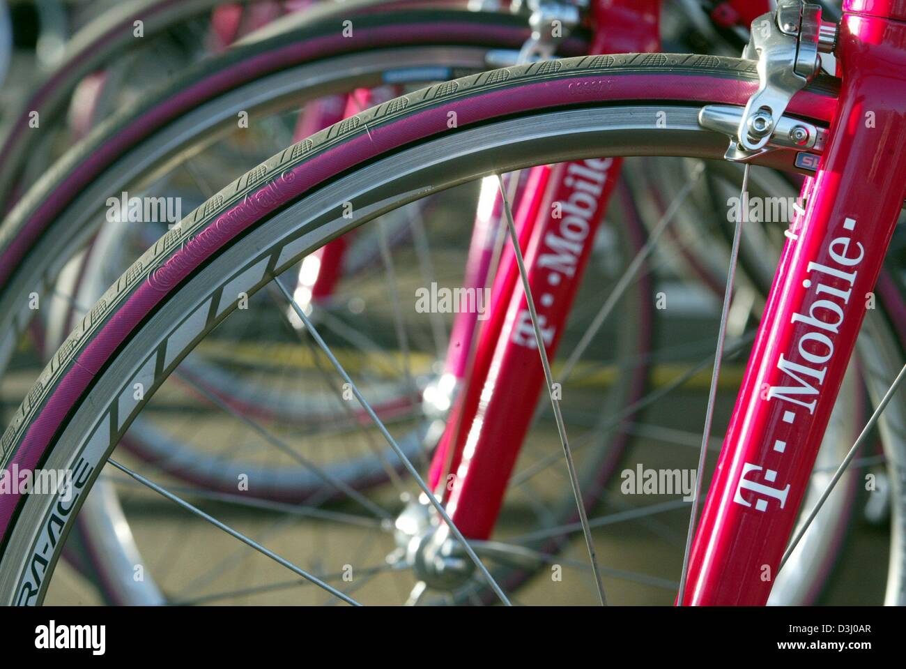 (Dpa) - Una vista delle forcelle anteriori di una fila di biciclette che sono etichettati con il logo di T-Mobile su di essa al training camp del T-Mobile cycling team in Palma de Mallorca, Spagna, 15 gennaio 2004. Foto Stock