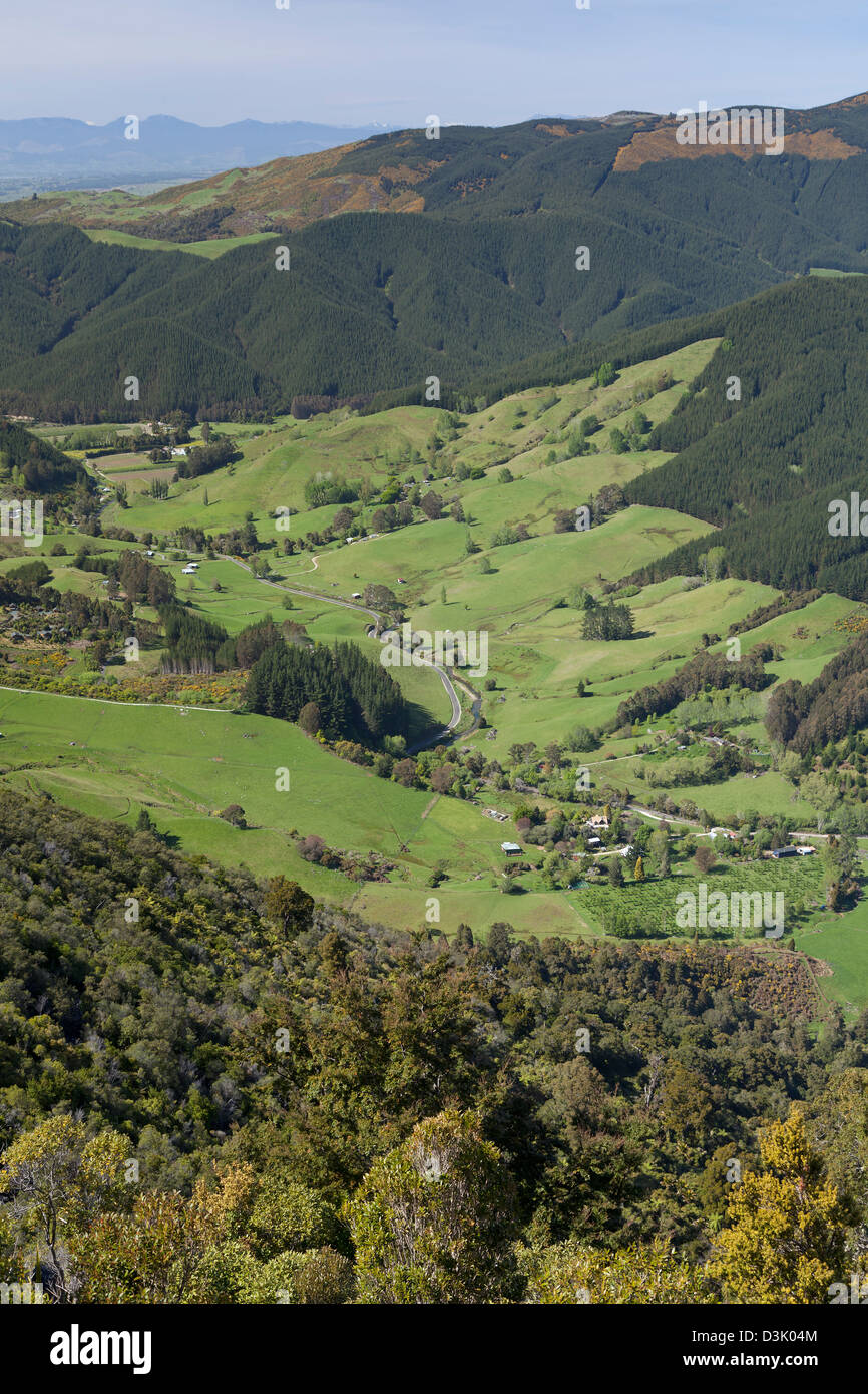 Hawkes belvedere sopra la valle in colline Takaka, Nuova Zelanda Foto Stock