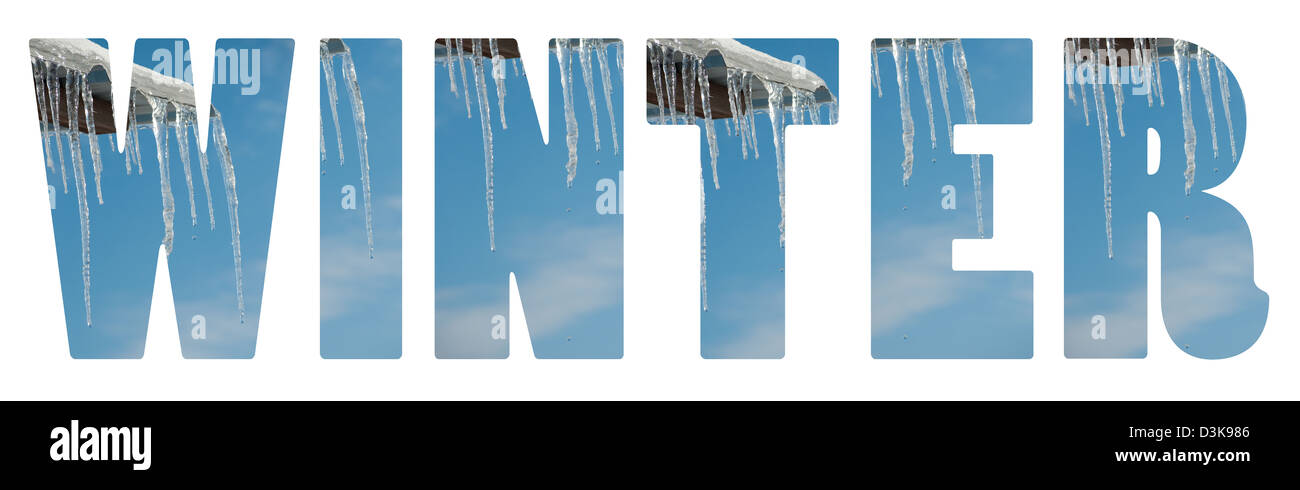 In inverno il testo con ghiaccioli e cielo blu su bianco Foto Stock