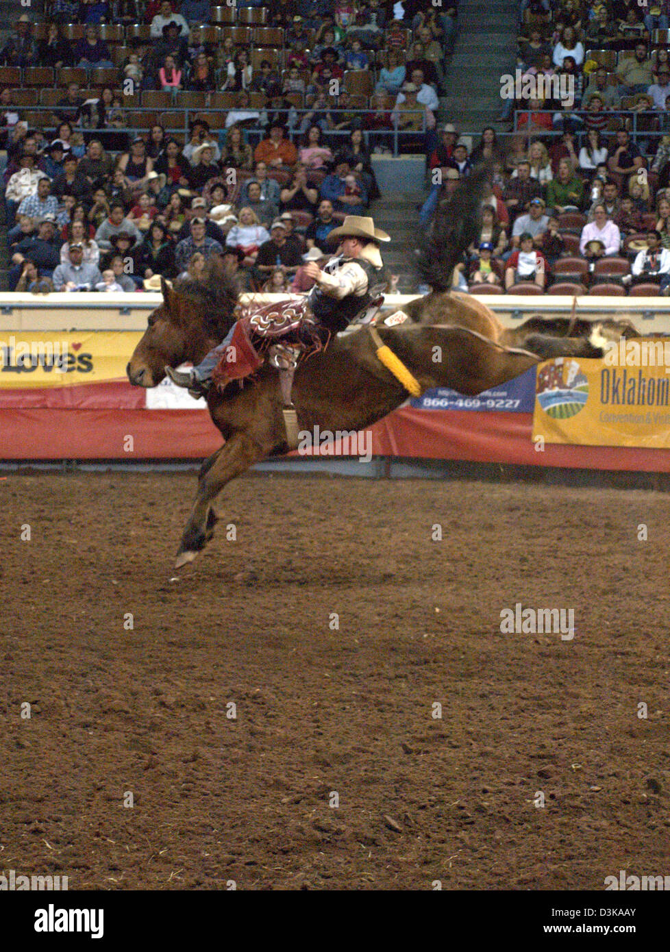 Cowboy a cavallo strappi bronco cavallo durante il National Finals Rodeo in Oklahoma City, Oklahoma, Stati Uniti d'America Foto Stock