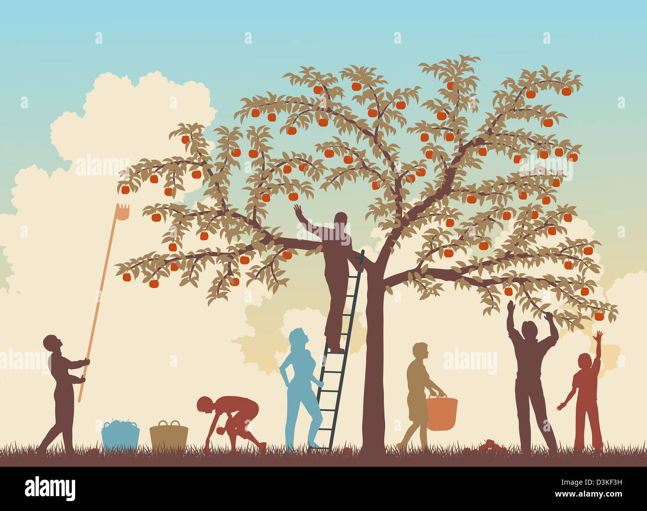 Illustrazione colorata di una famiglia raccolta mele da un albero Foto Stock
