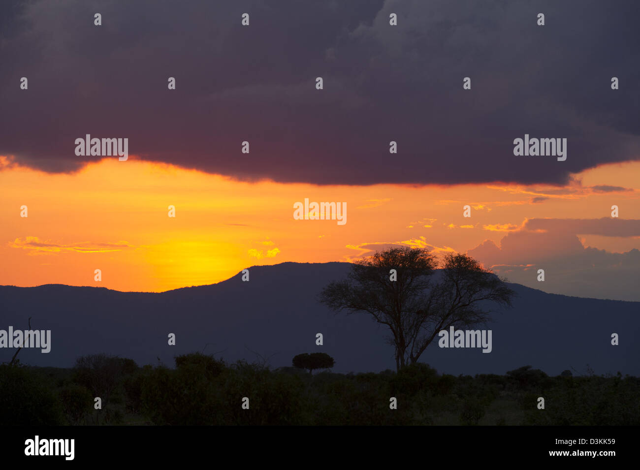 Sunset over Taita Hills, parco nazionale orientale di Tsavo, Kenya Foto Stock