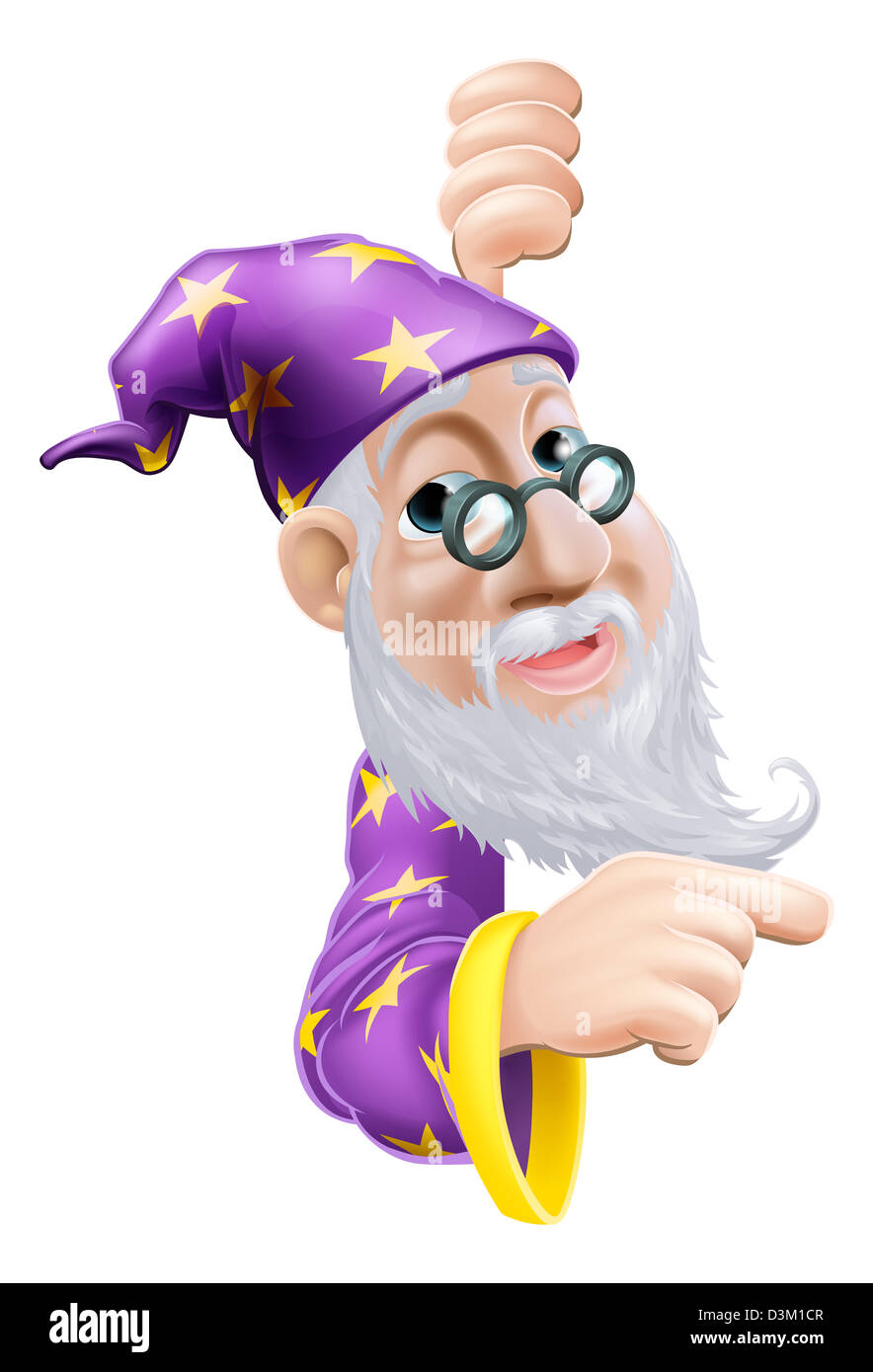 Una illustrazione di un simpatico gentile vecchio mago personaggio dietro un segno o un banner puntando il dito in corrispondenza di essa Foto Stock