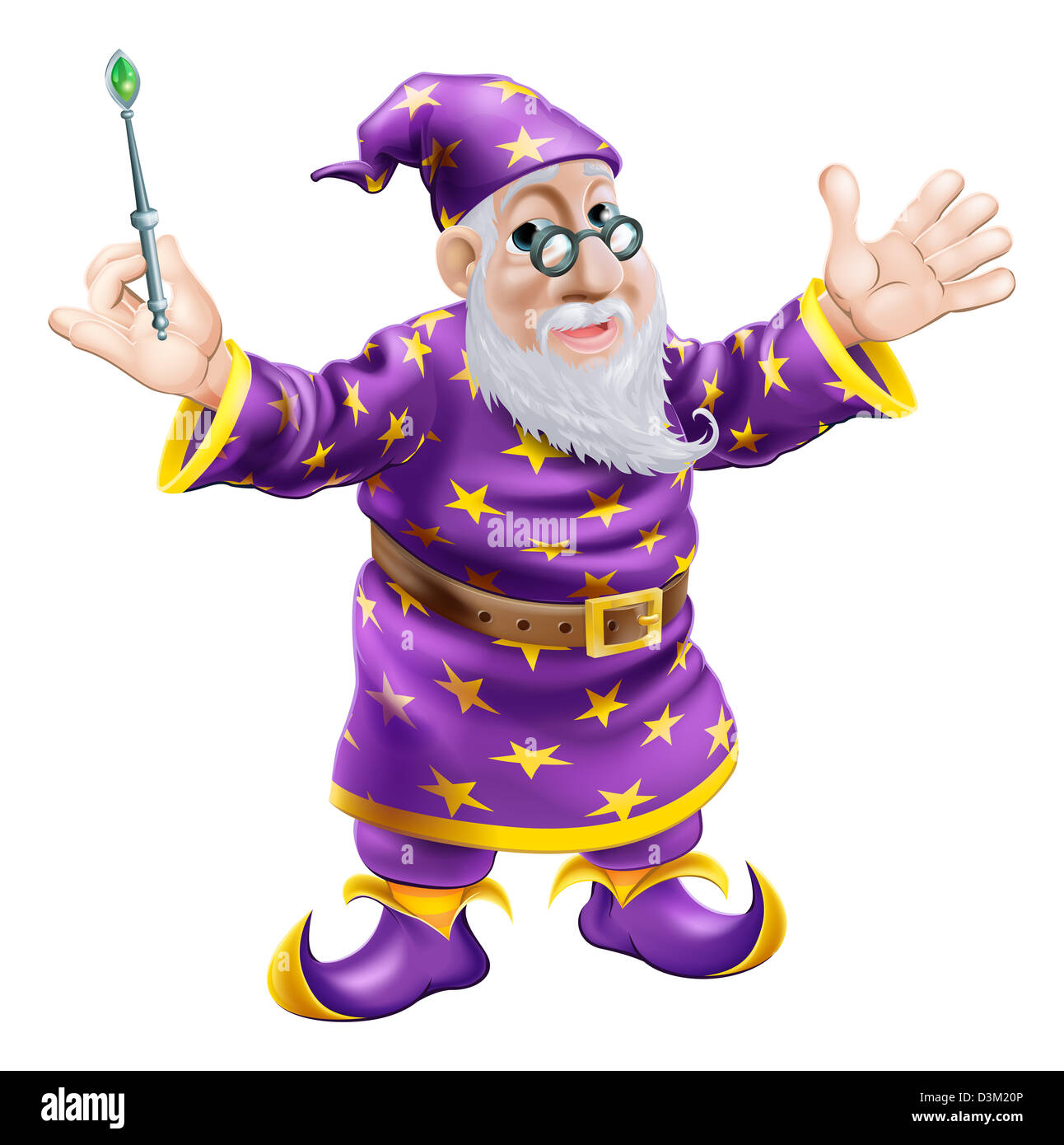 Un cartoon carino friendly old wizard character tenendo un wand Foto Stock