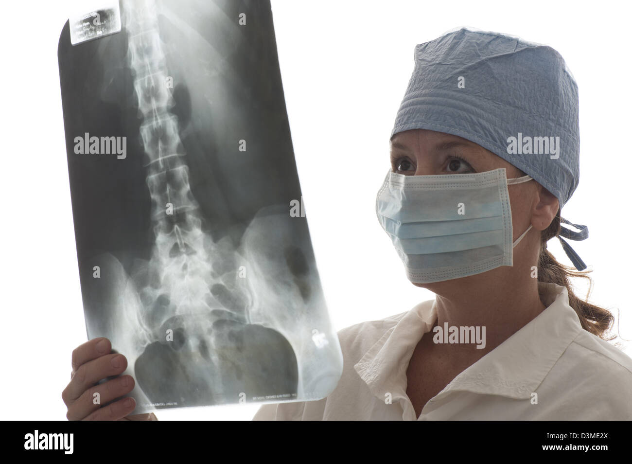 Donna dottore guardando il midollo spinale X-ray Foto Stock