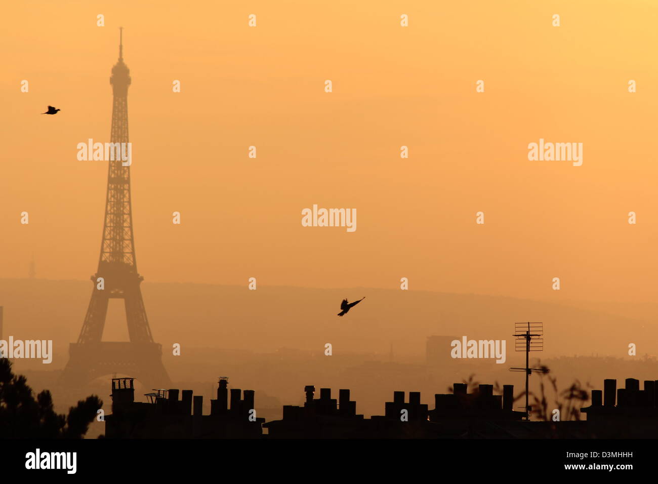 Torre Eiffel vista da Montmartre sul tramonto. Sagoma scura della torre e tetti Parigini contro il naturalmente red sky. Foto Stock