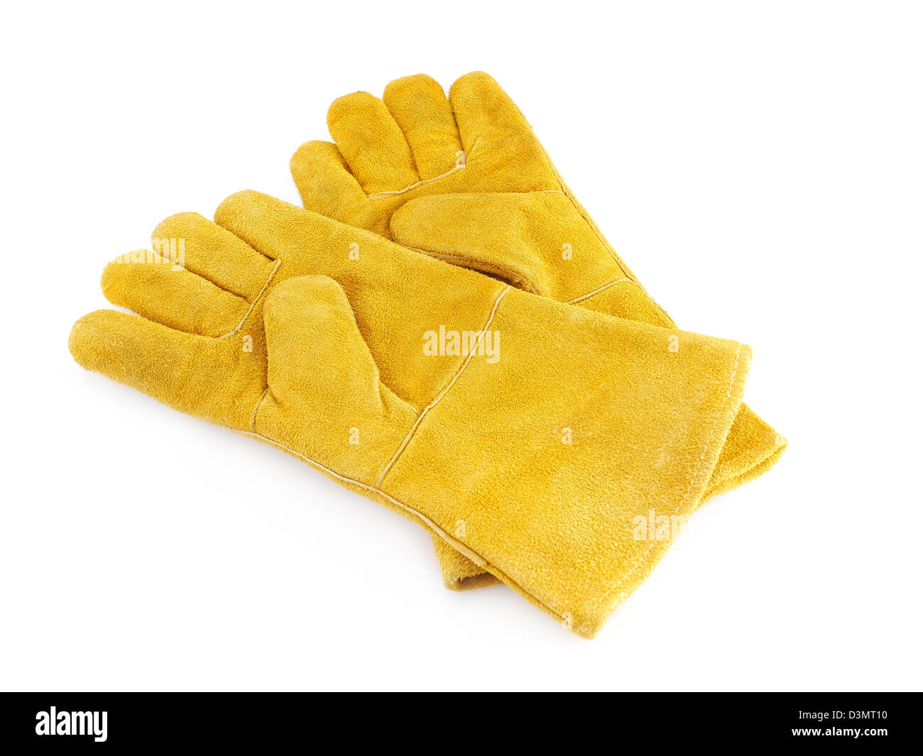 Giallo guanti in pelle per saldatura shot su bianco Foto Stock