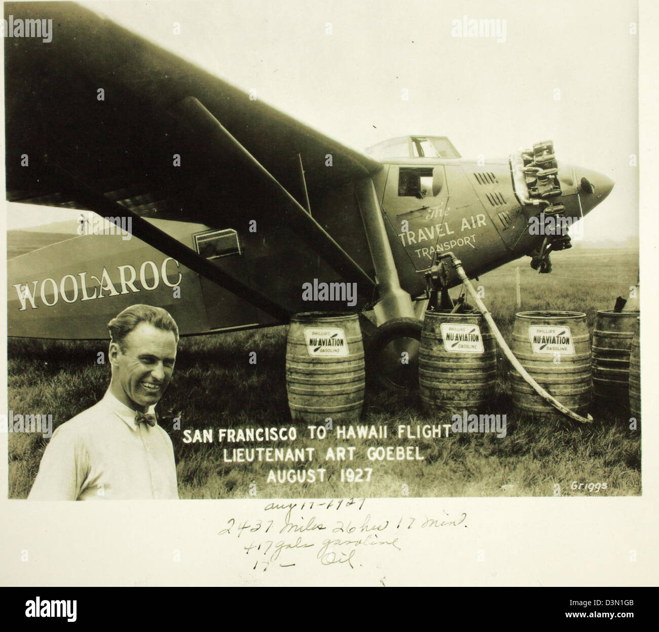 La Dole Air Race è stato uno storico evento aeronautico che si è svolto nel 1927. Il Woolaroc Travel Air 5000 NX869, pilotato da importanti aviatori, gareggiò nella corsa attraverso il Pacifico nel tentativo di vincere il premio Dole per il primo volo non stop tra California e Hawaii. Foto Stock