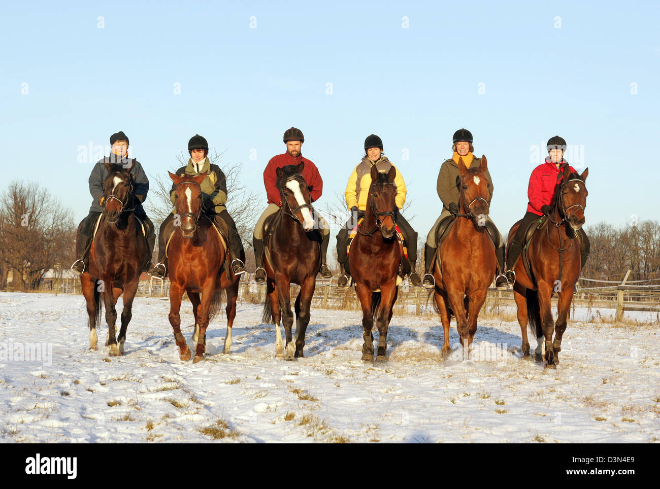 Magdeburg, Germania, piloti a cavallo nella neve Foto Stock